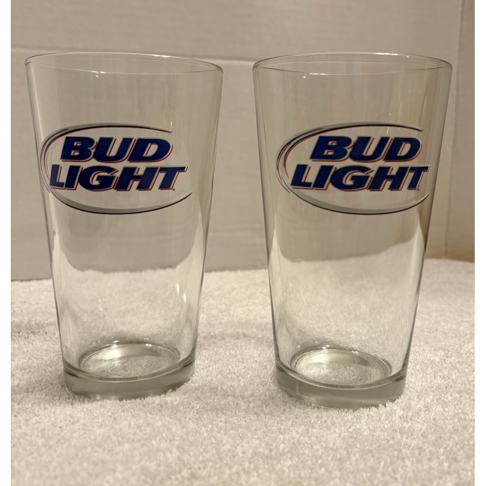 Vintage 2 Bud Light Pint Beer Glasses 16oz Retro Oval Logo Barware Man Cave